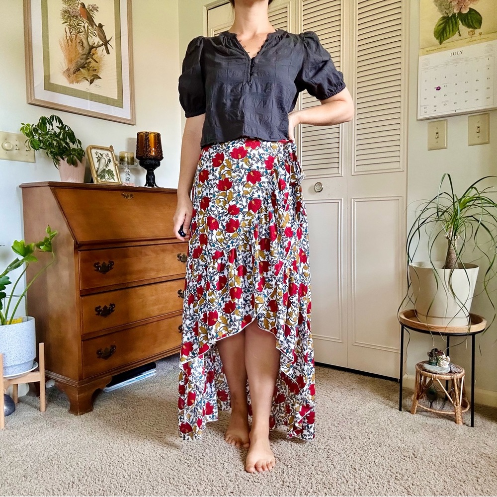 🌸Floral Red Poppies Wrap Maxi Skirt